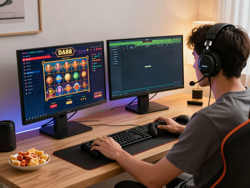 Engaged player enjoying DA88 online casino games on dual screens.