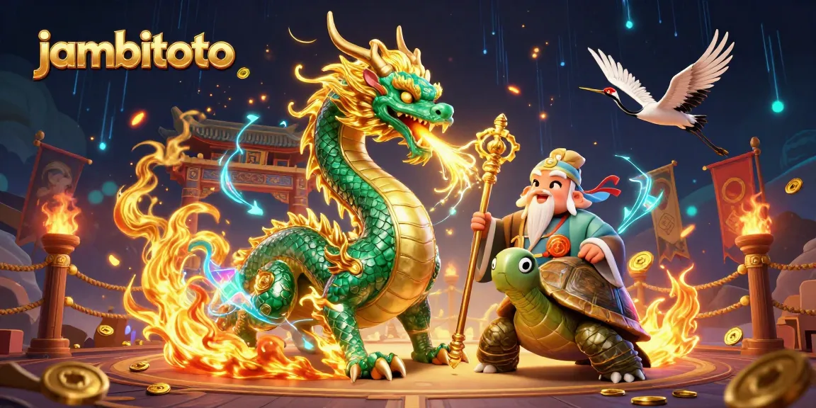 Bet on jambitoto with a vibrant 3D scene of an emerald dragon and cartoon sage in an energetic casino