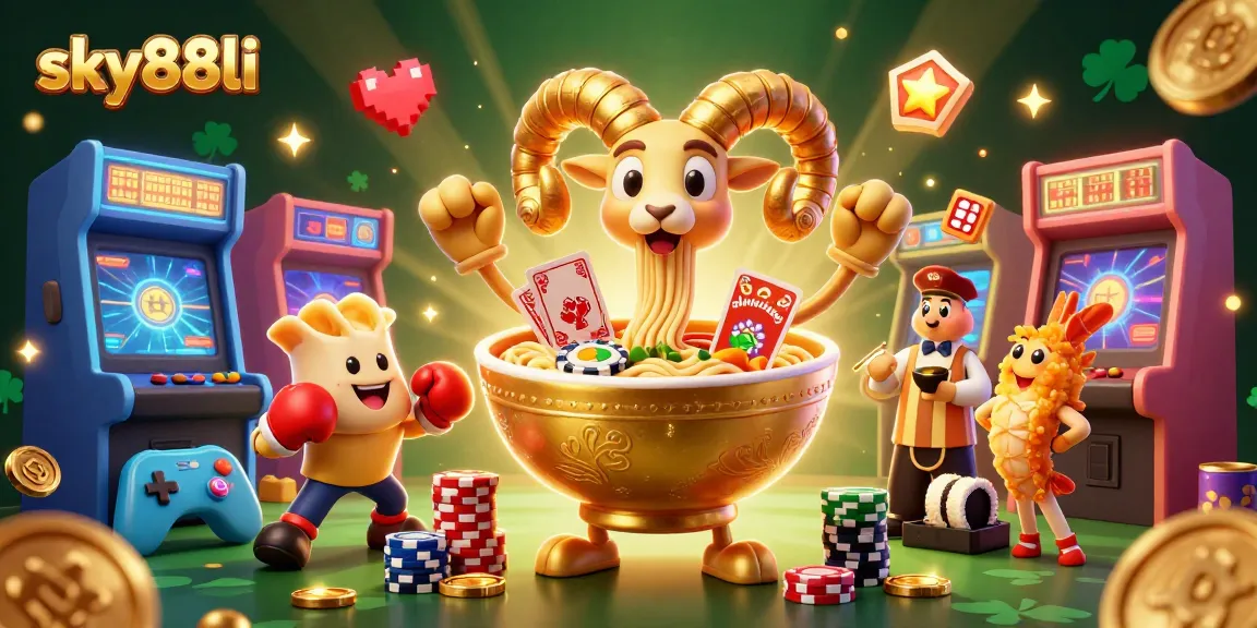Bet on fun with sky88li featuring a giant ramen bowl dealer in a vibrant casino scene.