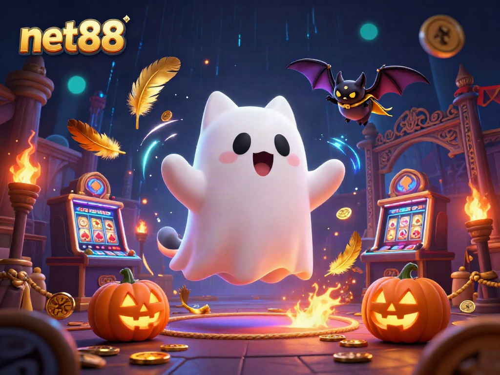 Engage with net88's haunted casino adventure featuring a ghost cat and vampire bat amidst glowing poker jack-o-lanterns.