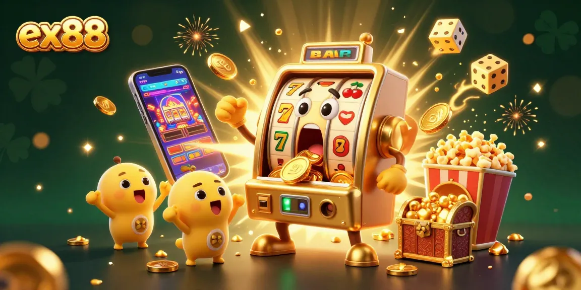 Spin jackpots at ex88 with golden machines celebrating winnings and coins erupting.