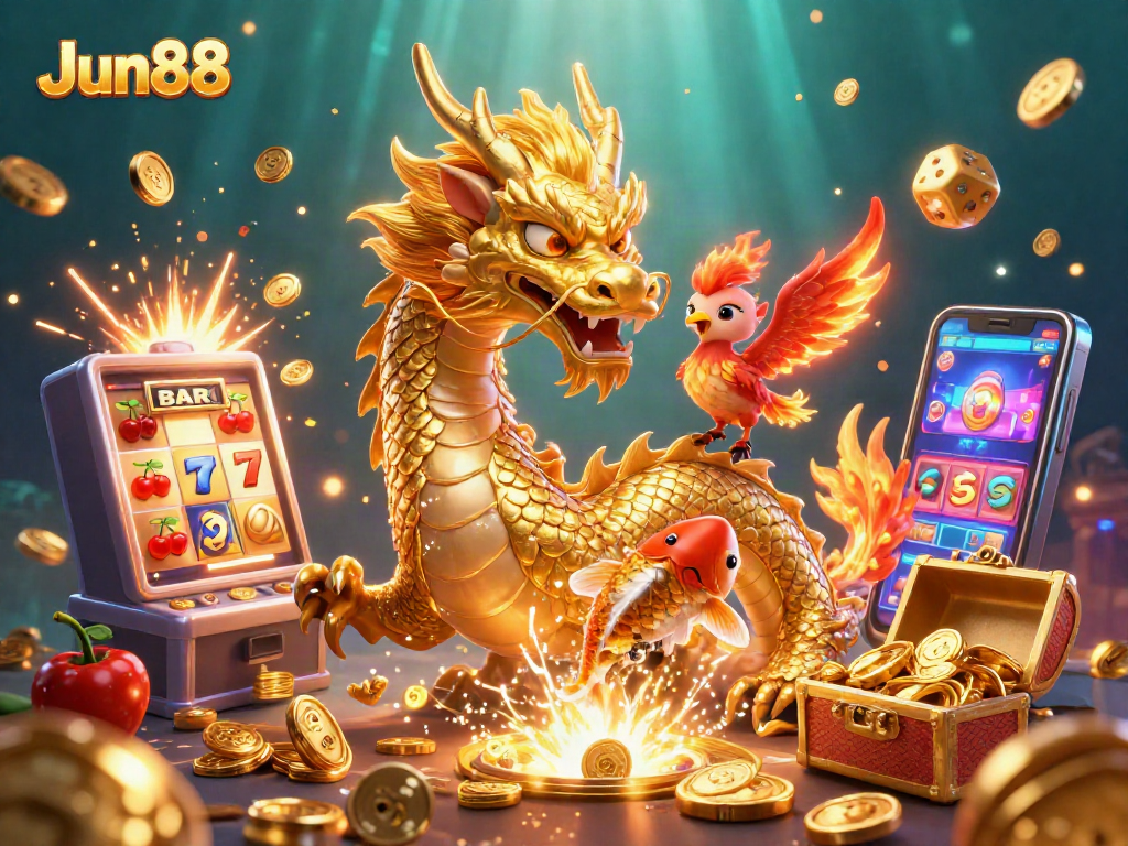 Experience the thrill of Jun88's vibrant casino world with dragons and colorful games.