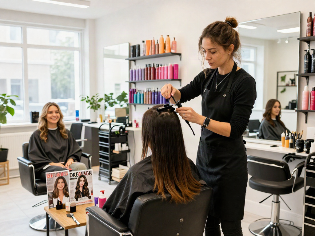 No damage hair extensions being applied by a professional stylist in a bright salon.