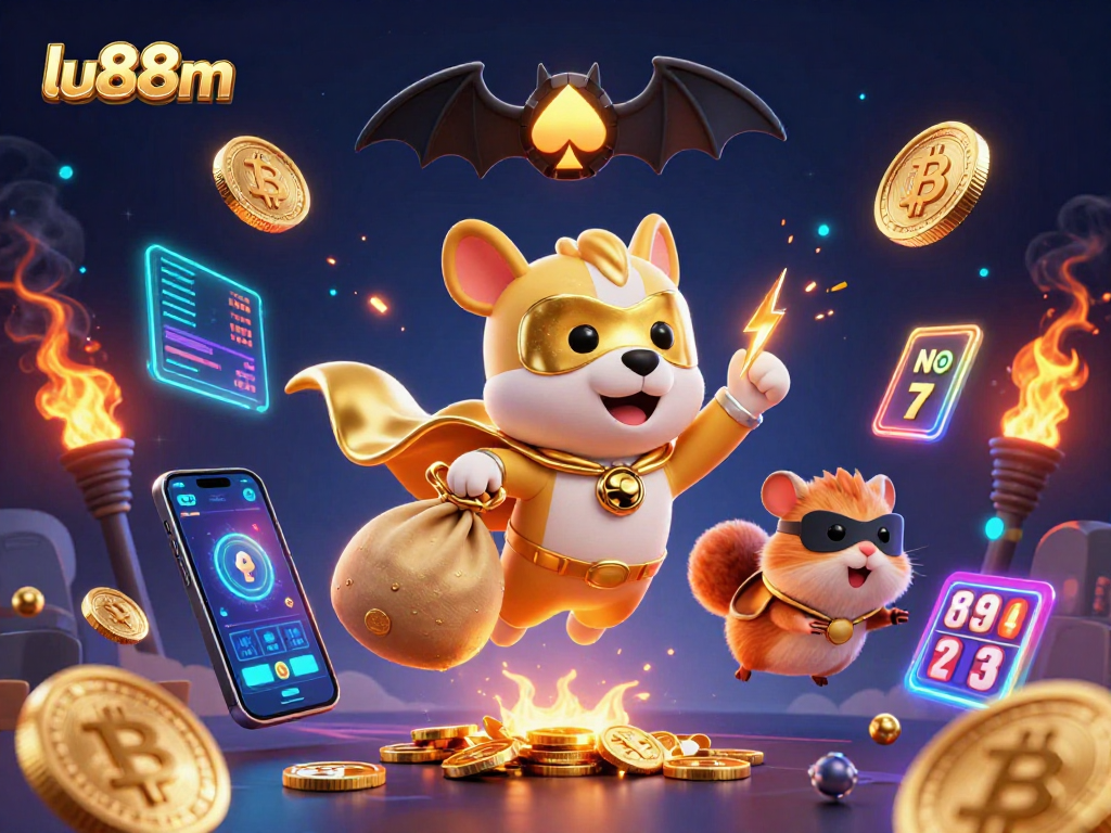 Win big at lu88m with a 3D superhero dog flying amid glowing crypto coins and gambling elements.