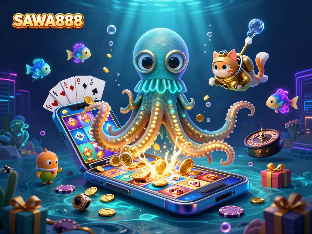 Engage with SAWA888's vibrant casino experience featuring a kraken, diving cat, and dynamic slot games.