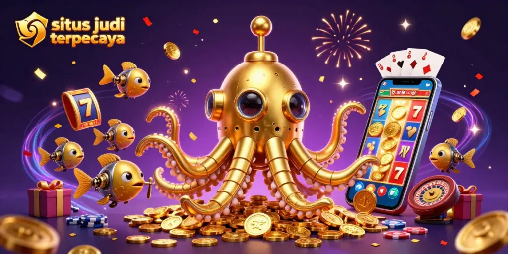 Experience thrilling gaming adventures with situs judi terpercaya featuring a golden kraken submarine and slots.