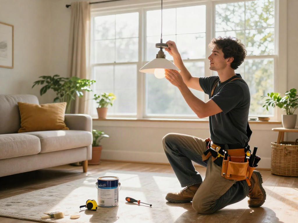 home repair services Des Moines Iowa, contractor installing light fixture in cozy living room filled with tools and warm sunlight