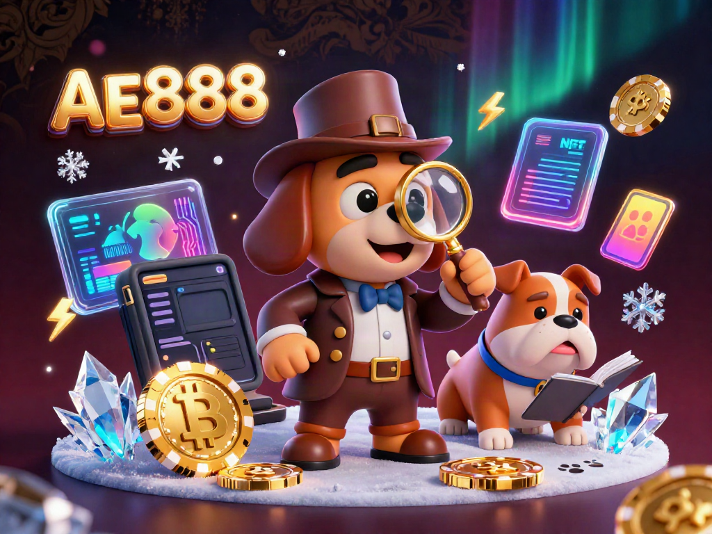 Engage with AE888's gaming world through a vibrant 3D illustration of our detective character gathering clues around casino elements.