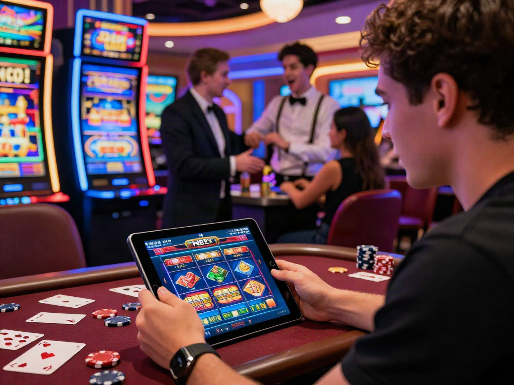 Player engaging with NBET gaming app in vibrant casino atmosphere