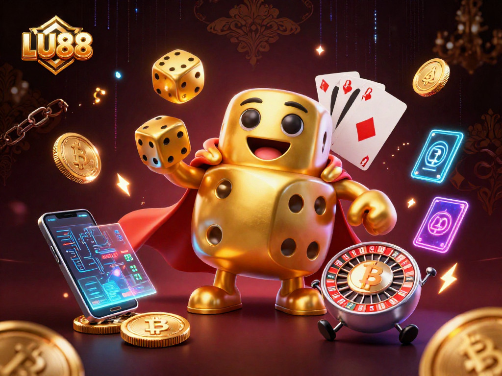 LU88 showcases an exciting casino scene with golden dice and crypto elements in stunning detail.