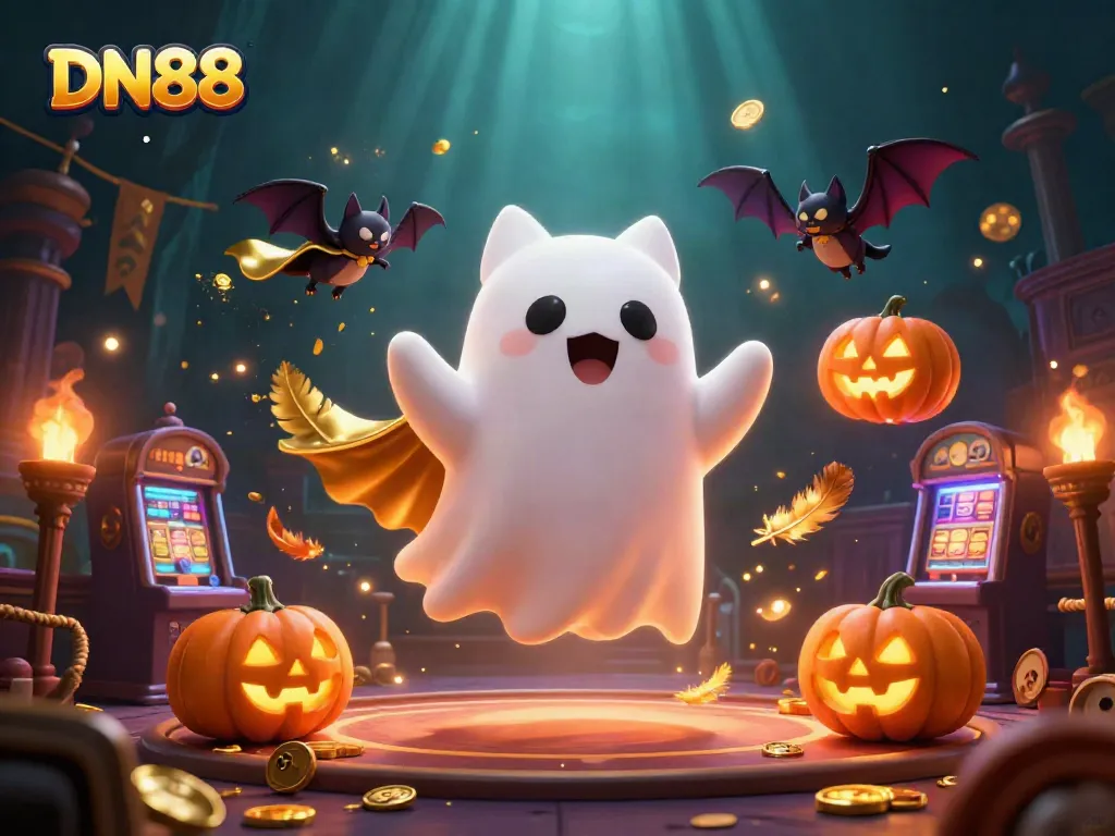 Experience the thrilling world of DN88 with a ghost cat and bat in a haunted casino scene.