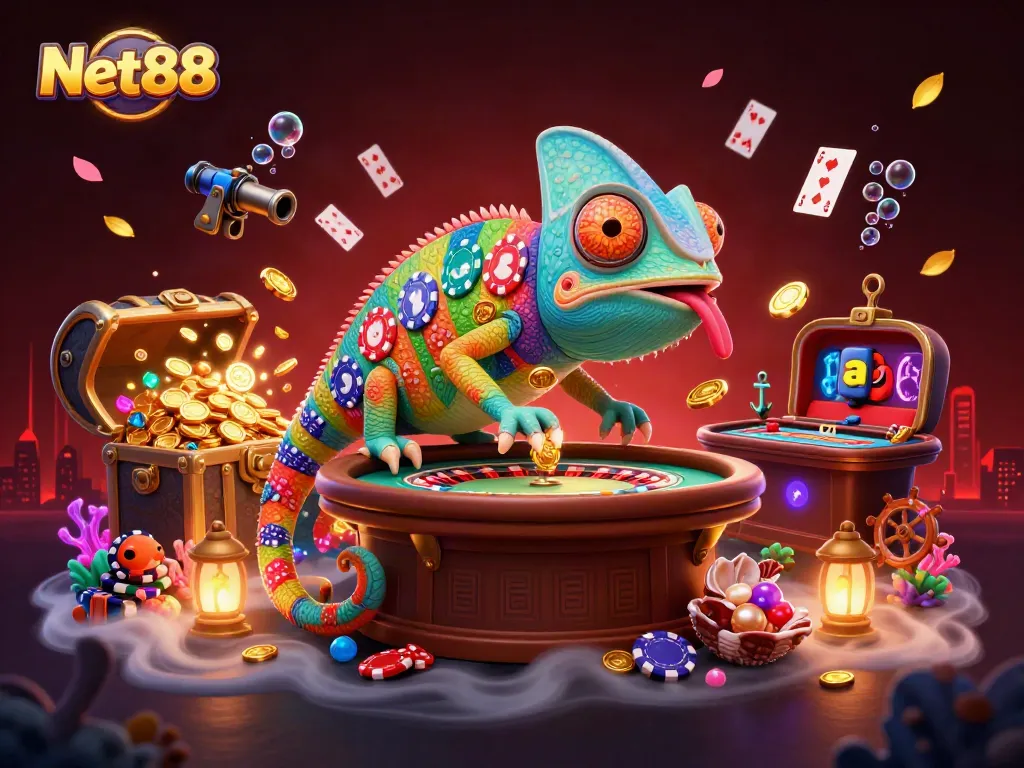 Experience thrilling gaming action at Net88 with this vibrant chameleon character surrounded by casino treasures.