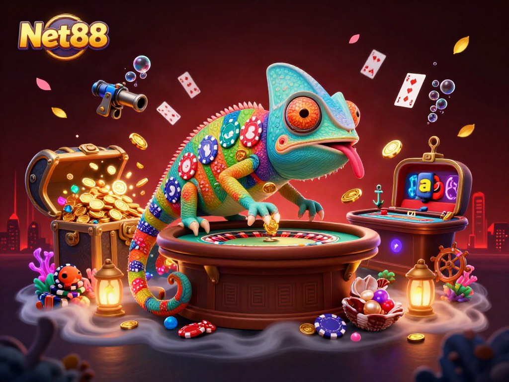 Experience thrilling gaming action at Net88 with this vibrant chameleon character surrounded by casino treasures.