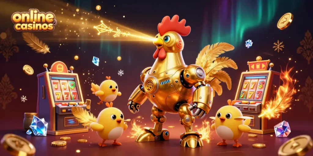 Experience captivating online casinos with slot machines and vibrant characters in this immersive 3D illustration.
