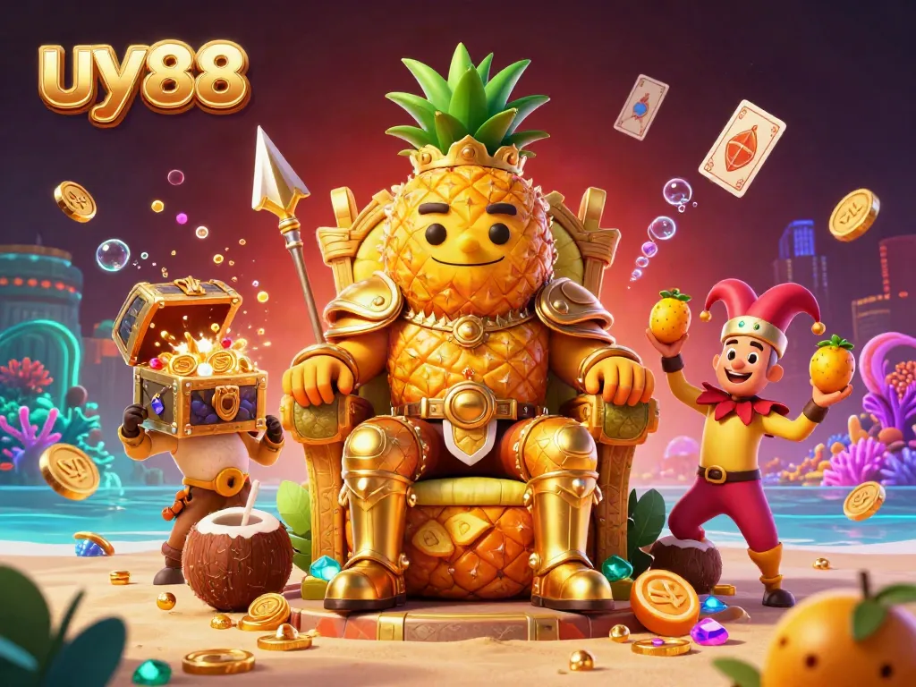 Engage with uy88 in a vibrant beach casino scene featuring a golden pineapple king.