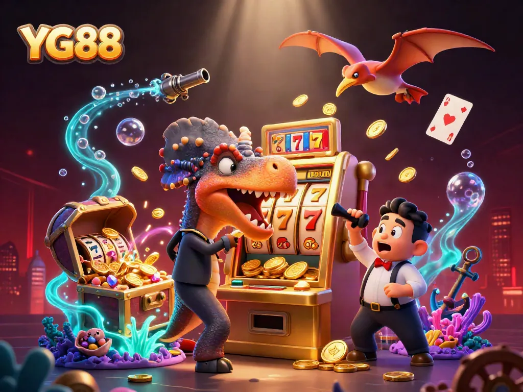 YG88 casino excitement illustrated with a dinosaur headbutting a jackpot slot machine, coins flying around