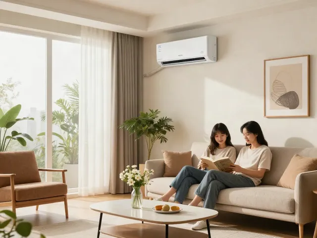 Cozy living room with mini split air conditioner, couple relaxing with books and bright natural light.