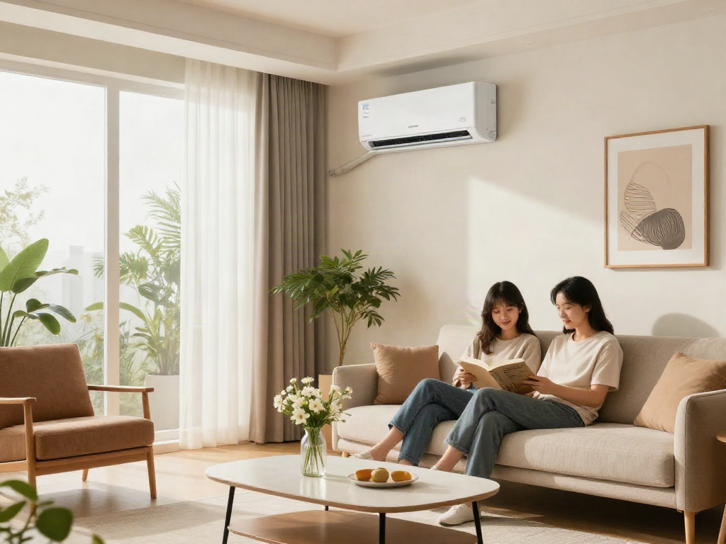 Cozy living room with mini split air conditioner, couple relaxing with books and bright natural light.