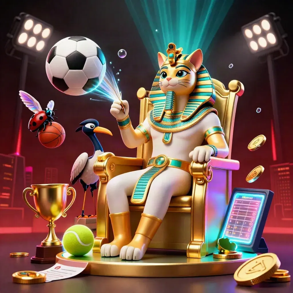 Pharaoh cat, ibis scribe, scarabs, and flying sports balls in a neon casino splash scene.