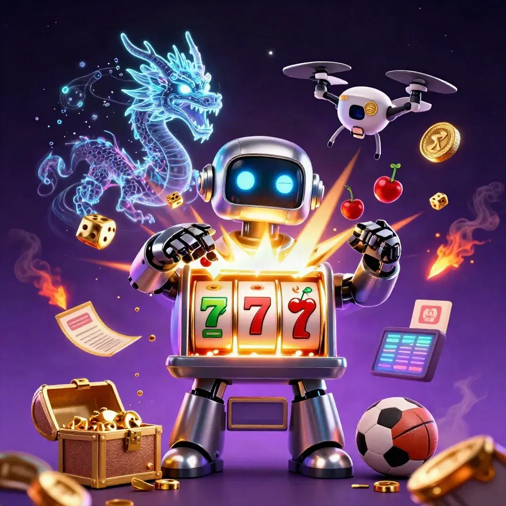 Cyberpunk robot, holographic dragon, and slot machine bursting with gold on a neon casino backdrop.