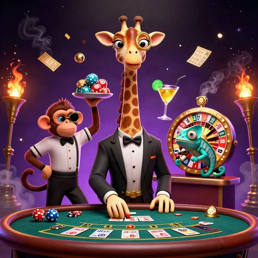 Giraffe, monkey, and chameleon in a luxe casino scene with glowing game props and dramatic lighting.