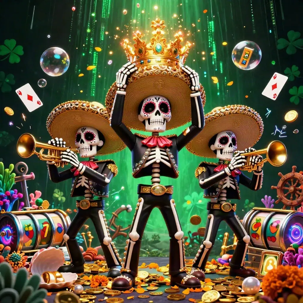 Skeleton mariachi trio with a glowing crown in a treasure cove, coins and gems bursting around them.