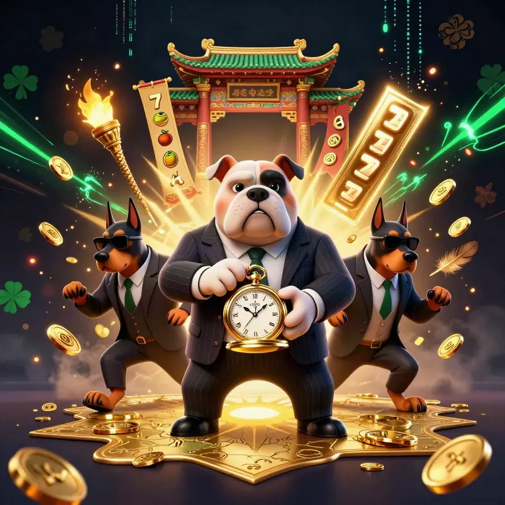 Bulldog mafia boss and two Dobermans amid casino treasure, neon energy, and temple gate