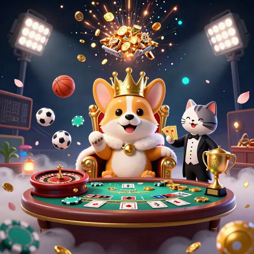 Royal corgi and cat butler amid casino treasure, coins, fireworks, sports balls, and neon beams