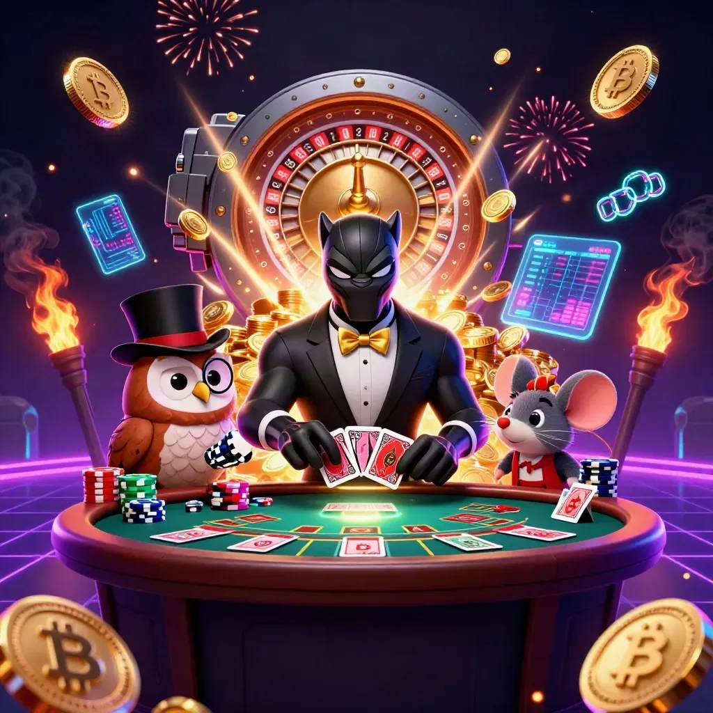 Panther, owl, and mouse amid coins, chips, roulette wheel, and neon casino effects