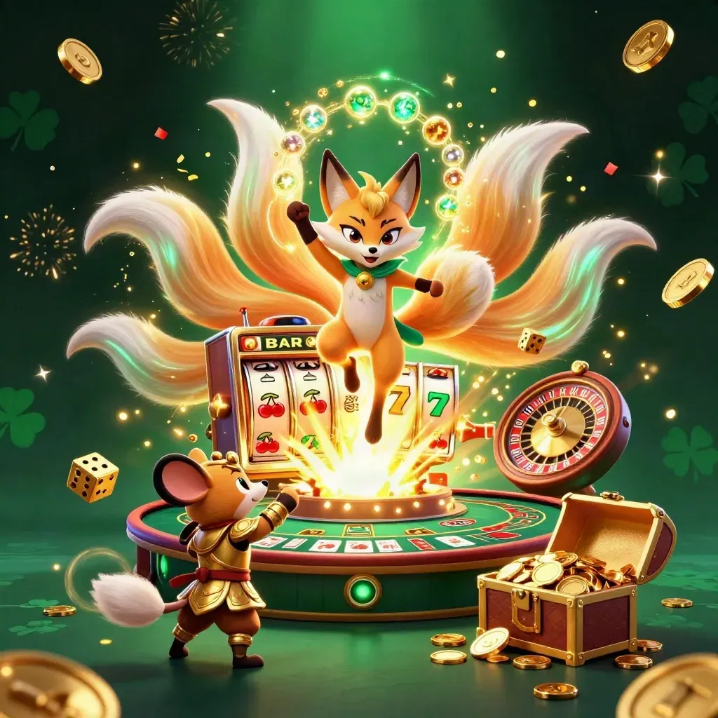 Fox spirit and armored mouse amid jackpot burst, coins, fireworks, and casino symbols.