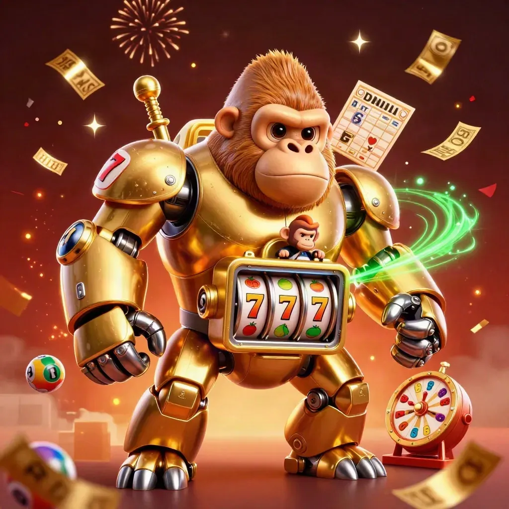 Golden gorilla slot-machine mech with monkey pilot amid lottery balls, reels, and casino effects.