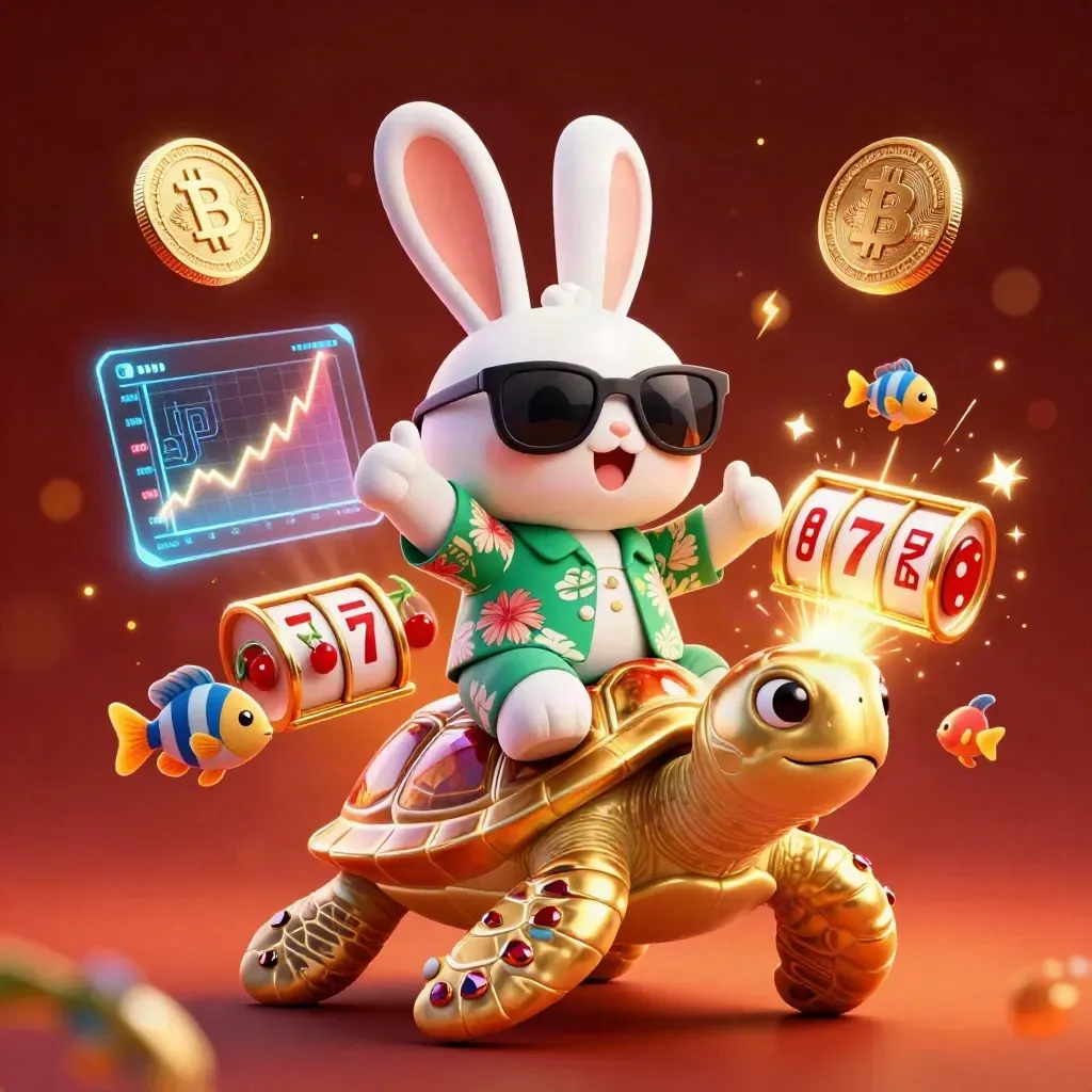 Lucky rabbit rides a jeweled turtle amid casino coins, lightning, and ember glow.