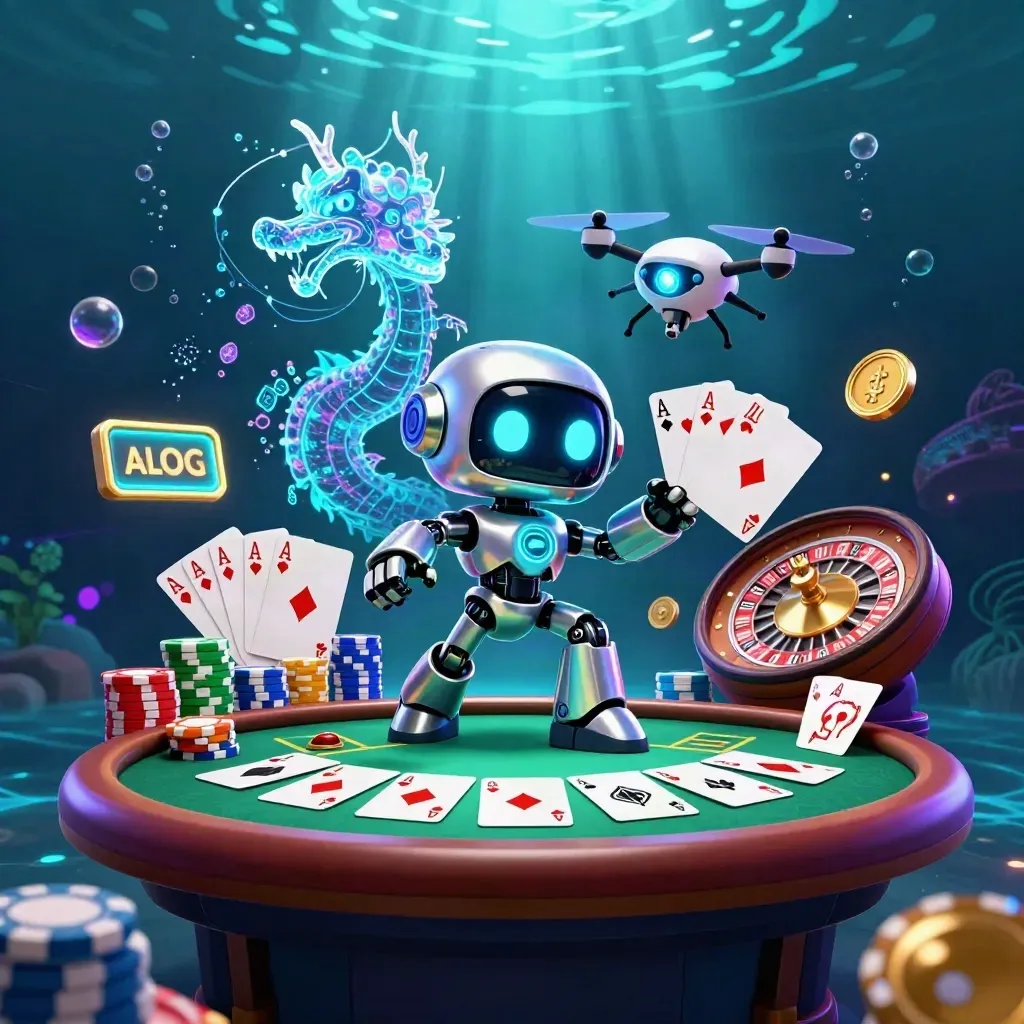 Cyberpunk robot, holographic dragon, and coin drone amid casino cards, chips, and glowing underwater light