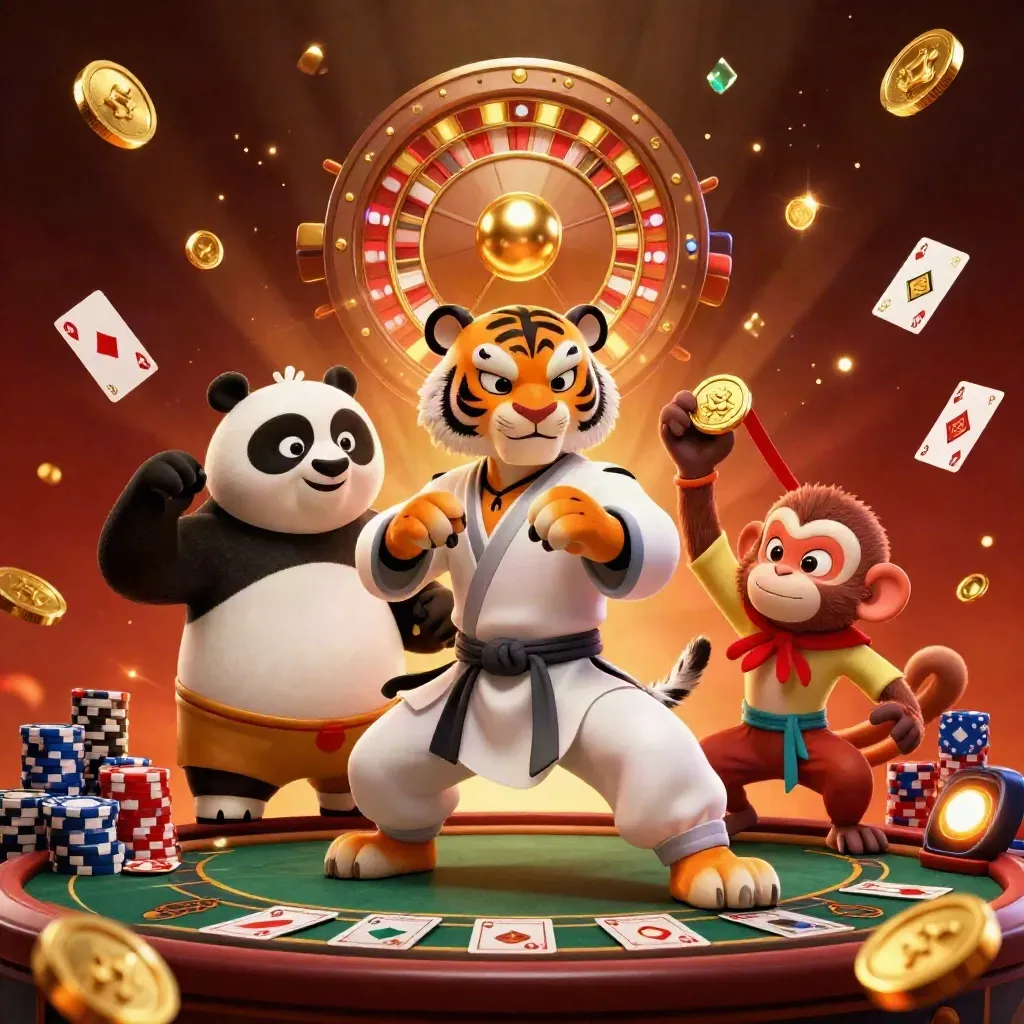 Kung-fu tiger, panda, and monkey amid casino chips, cards, coins, and a spinning roulette wheel.
