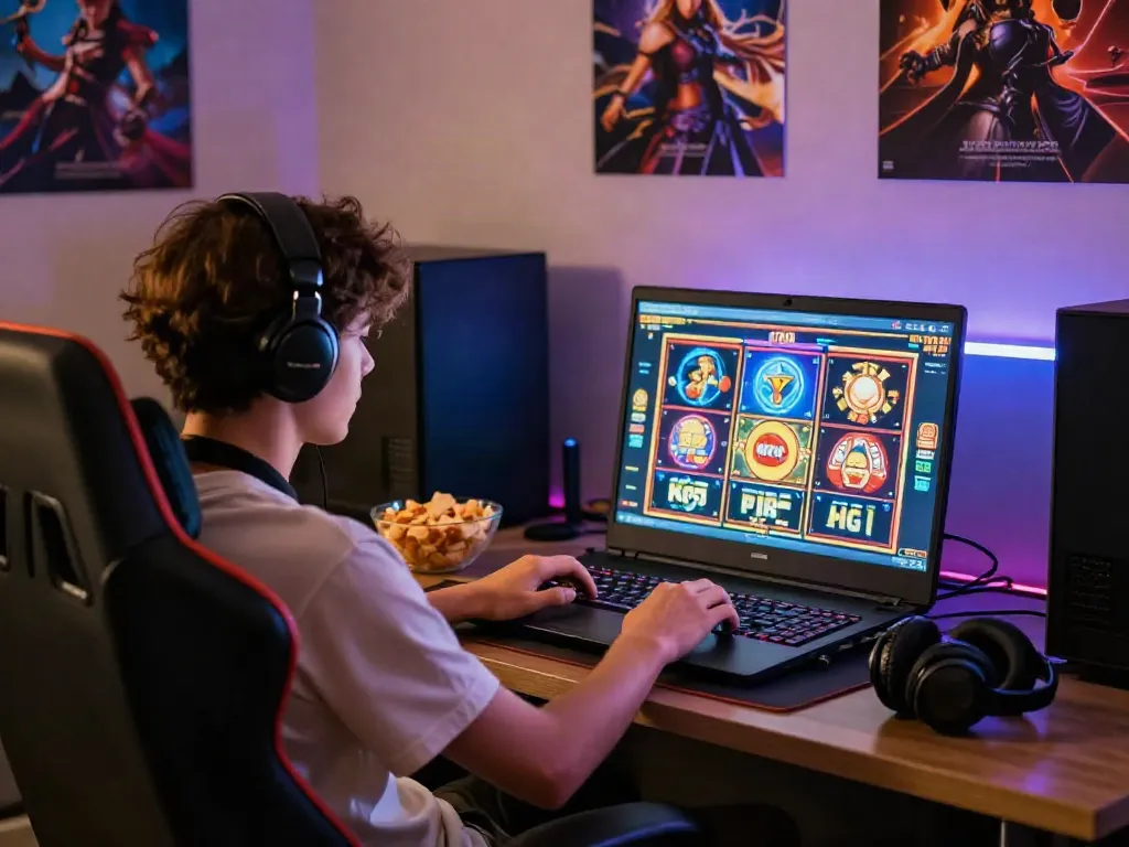 Player enjoying KOITOTO online slots on a laptop in a vibrant gaming setup.