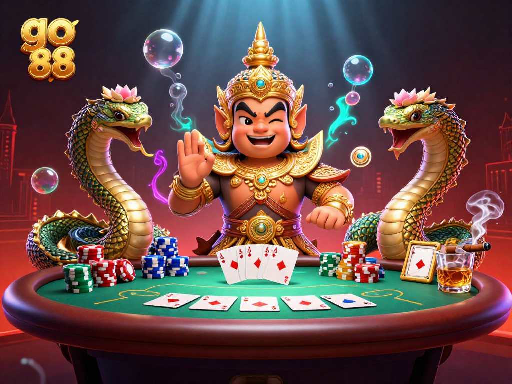 Engage with go 88 in a vibrant 3D casino scene filled with poker action and mythical guardians.