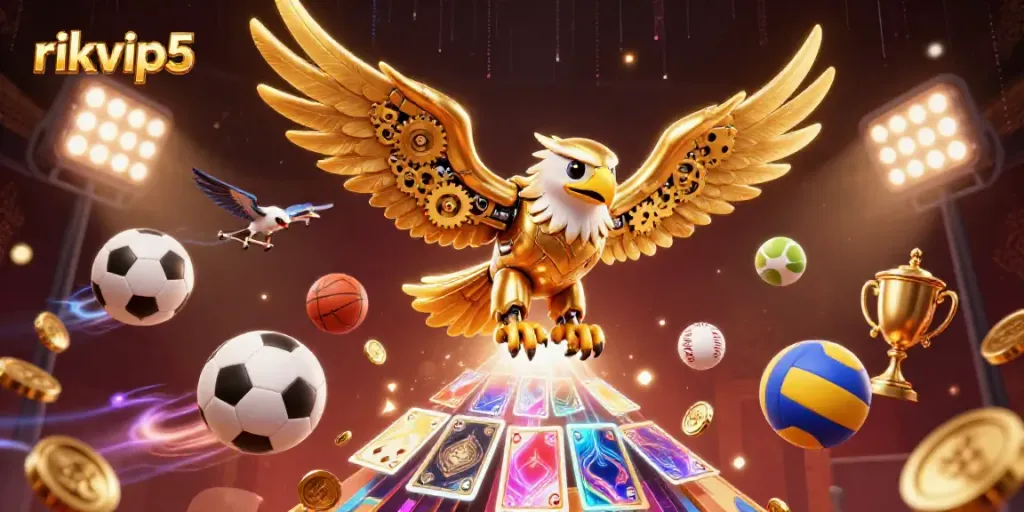 Experience thrilling gameplay at rikvip5 with a dynamic scene of cybernetic eagle and sports elements.