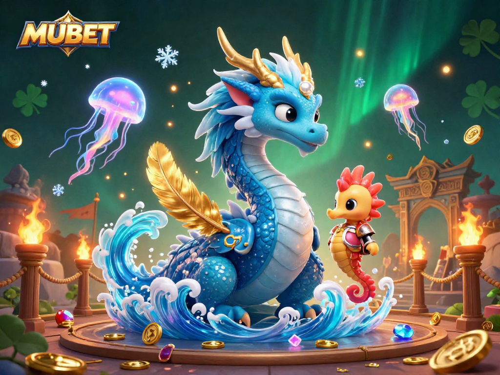 MUBET engages players with a captivating 3D illustration featuring a water dragon and playful seahorse knight.