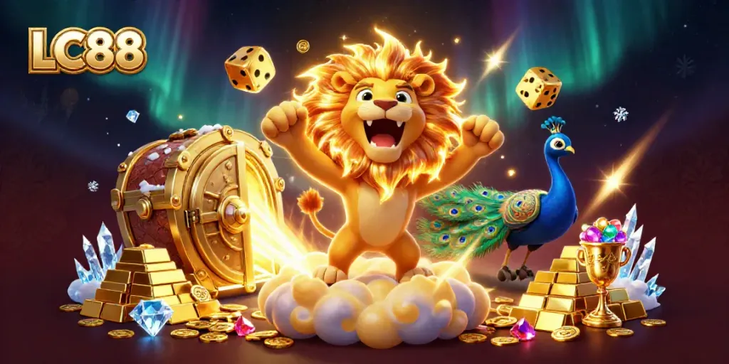 LC88 vibrantly showcases iconic casino elements with the roaring sun lion and illuminating treasures.