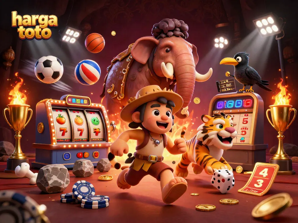 Experience a vibrant, engaging scene of harga toto, featuring cartoon characters in a dynamic casino atmosphere with slot reels and golden elements.