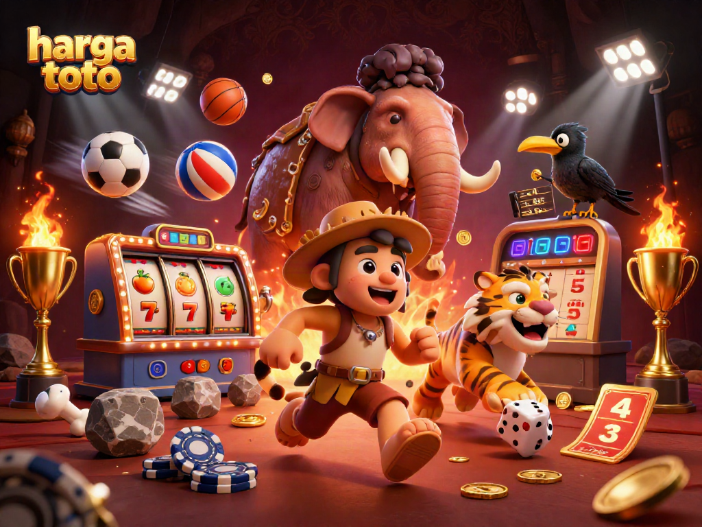 Experience a vibrant, engaging scene of harga toto, featuring cartoon characters in a dynamic casino atmosphere with slot reels and golden elements.