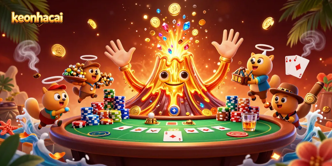 Experience keonhacai action with a golden volcano, poker elements, and dynamic treasure chase.