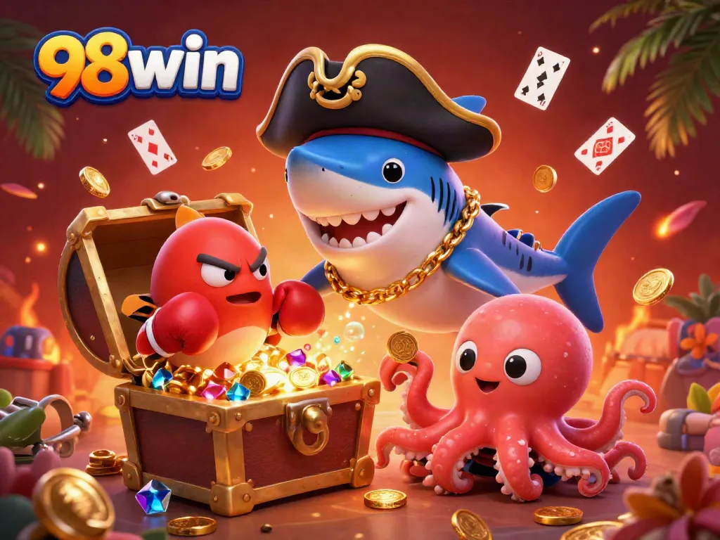 Engage in thrilling casino action with 98win in this vibrant underwater gambling adventure featuring a pirate shark, pufferfish, and octopus.