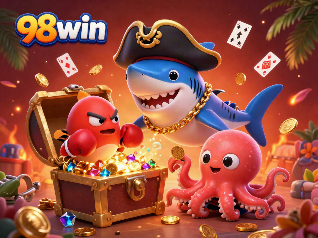 Engage in thrilling casino action with 98win in this vibrant underwater gambling adventure featuring a pirate shark, pufferfish, and octopus.