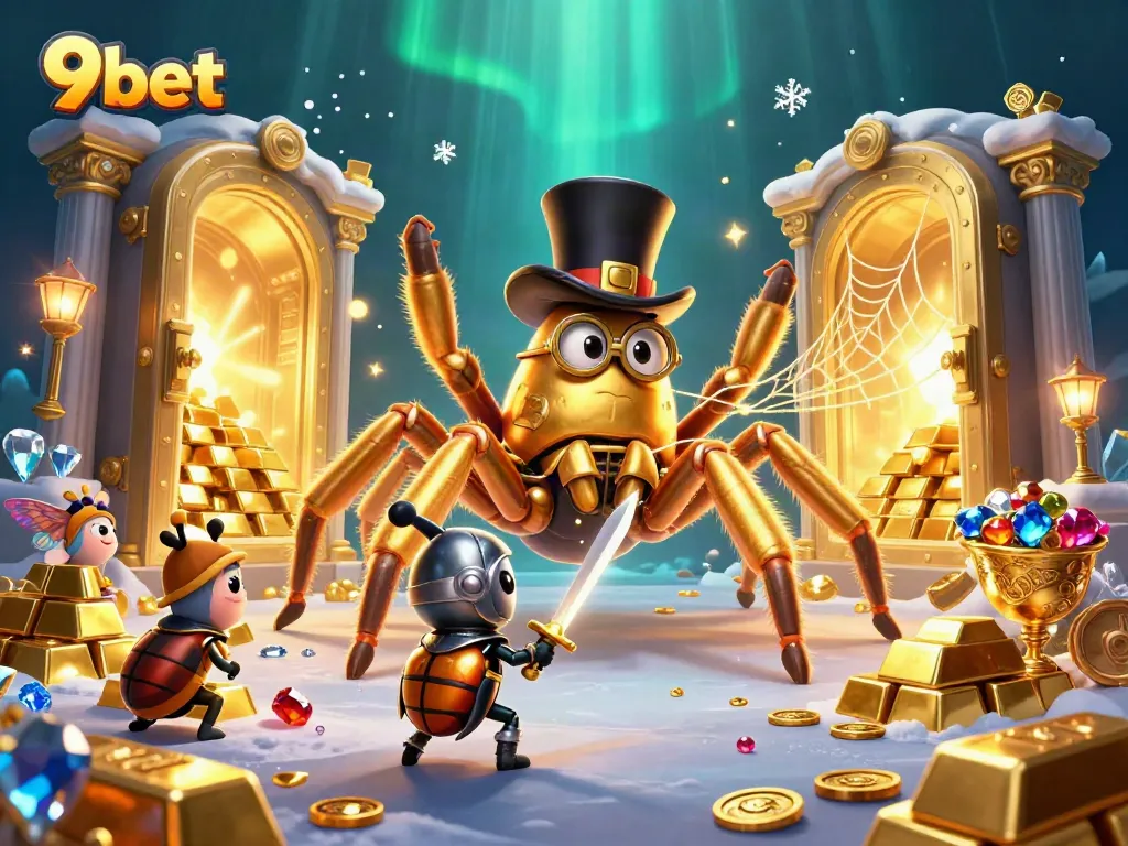 Engage with 9bet's thrilling gameplay as the golden tarantula spins its web in this dynamic casino scene.