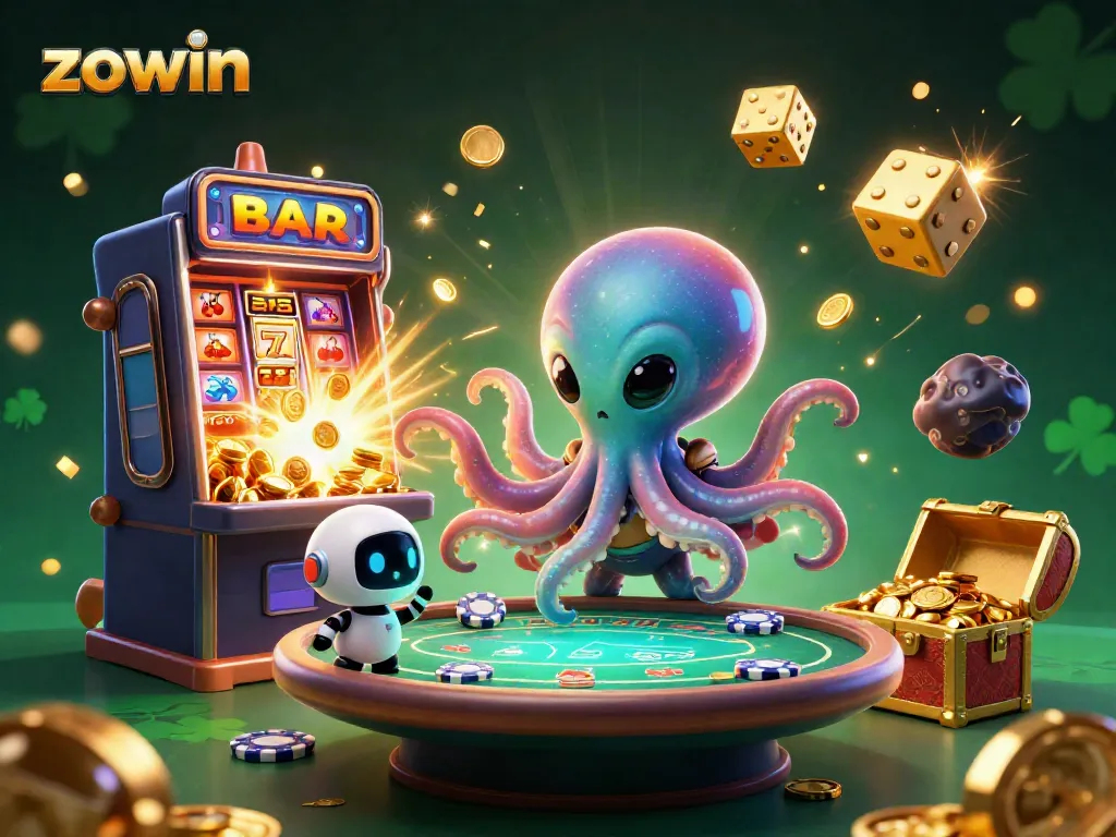 Zowin's vibrant gaming universe with a playful octopus at a poker table amidst a jackpot explosion.
