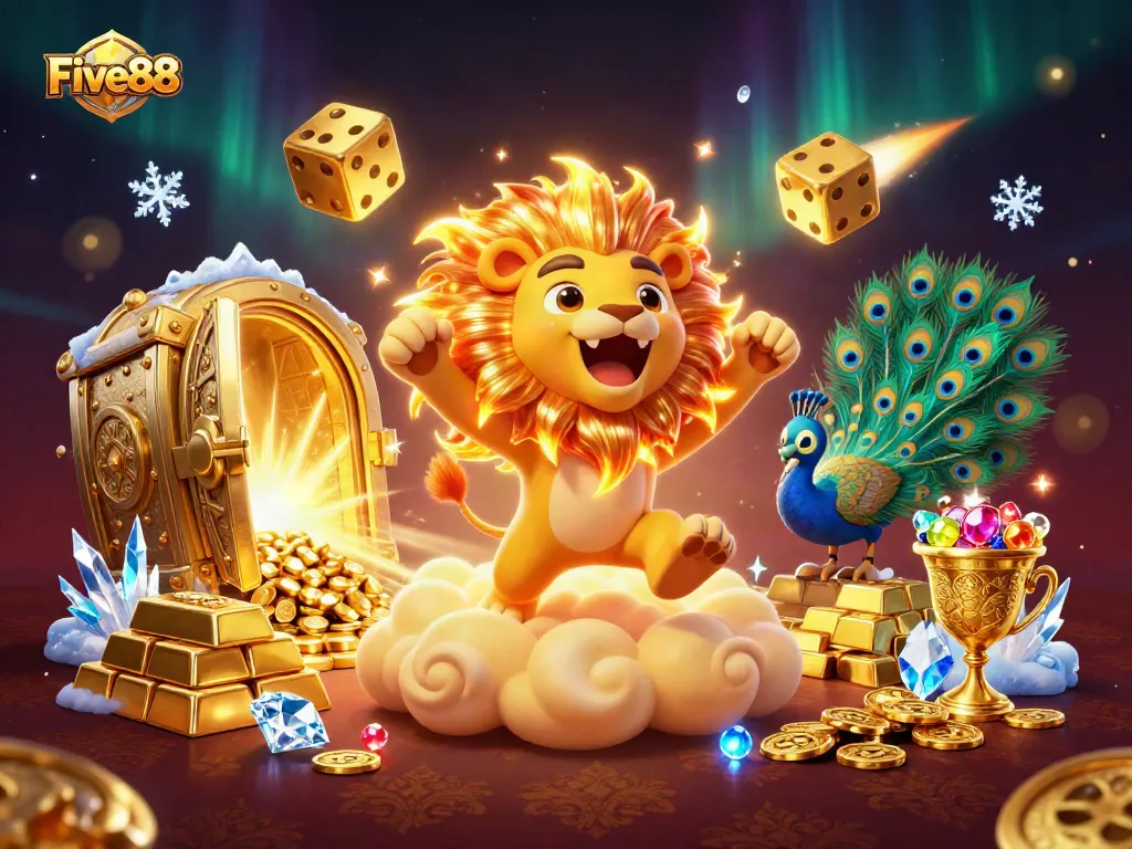 Five88 players enjoying a vibrant 3D casino scene filled with golden treasures and dynamic gaming elements.