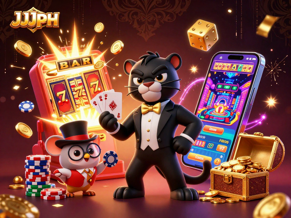 Magandang JJJPH na ilustrasyon ng masayang mga karakter sa isang masiglang casino.