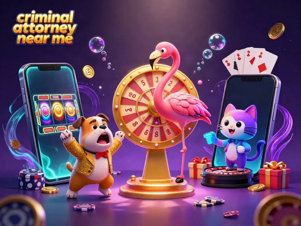 Engage with an illustration showcasing a 3D cartoon game show host flamingo, bulldog contestant, and cat scoreboard, all celebrating in a casino-themed scene for "criminal attorney near me."