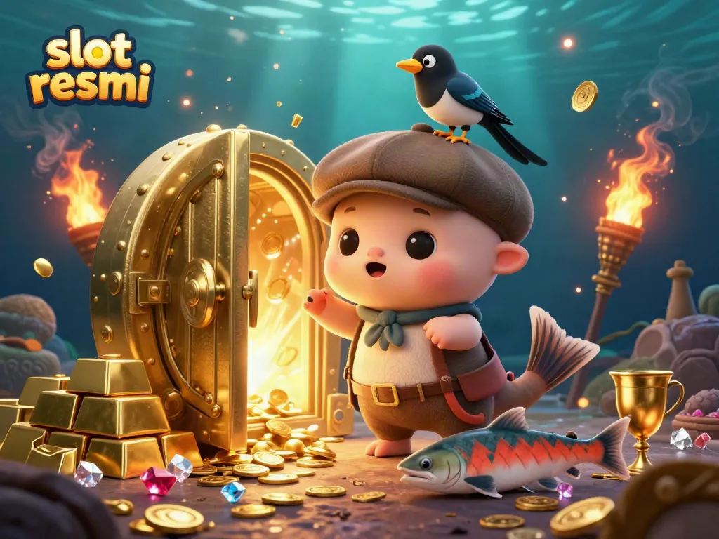 Experience the excitement of slot resmi with playful characters and dazzling casino elements in this vibrant scene.